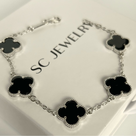 Black Onyx Clover Bracelet Double Sided Silver Color Bracelet - Picture 1 of 9